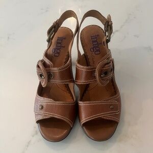 Indigo by Clarks Leather open toe slingback heels, caramel color, buckle